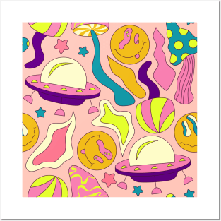 Trippy Mushroom UFO Smiley Face Repeating Pattern Posters and Art